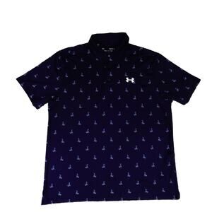 Under Armour Playoff Performance Polo Geometric Sail Boat Pint Navy Blue Shirt L